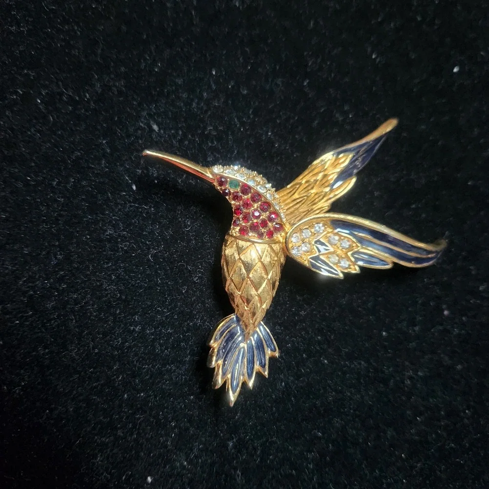 Sphinx  Hummingbird Brooch Gold‎ Tone Rhinestone Enamel Bird  Red Blue Green